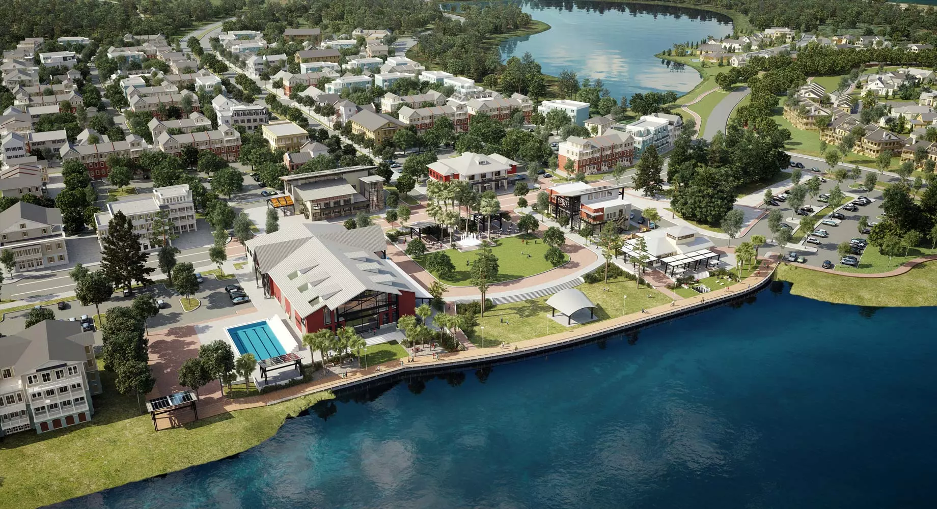 Aerial rendering of the Babcock Ranch town square on Lake Babcock, made by d3 before construction began